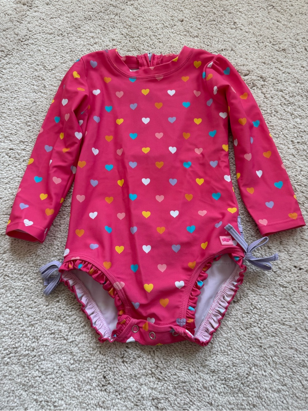 2T Ruffle Butts Pink Heart Print Long Sleeve Baby Swimsuit